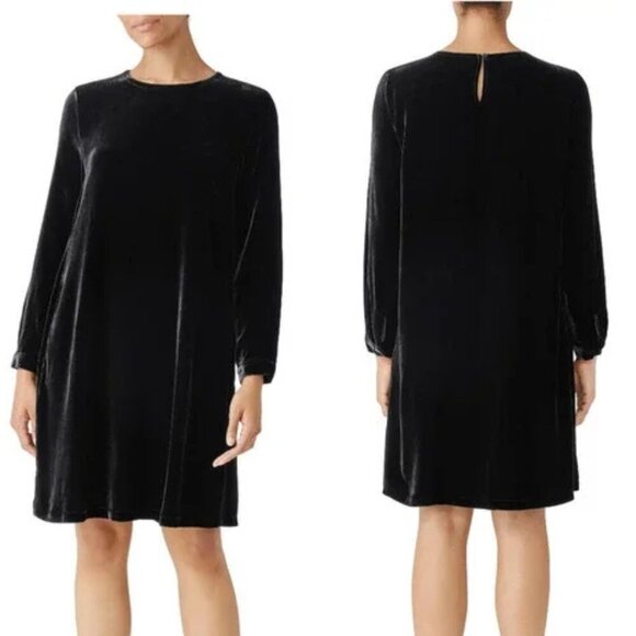 New! Eileen Fisher Velvet Silk Crewneck Long Sleeve Shift Dress 35773 - Picture 1 of 11